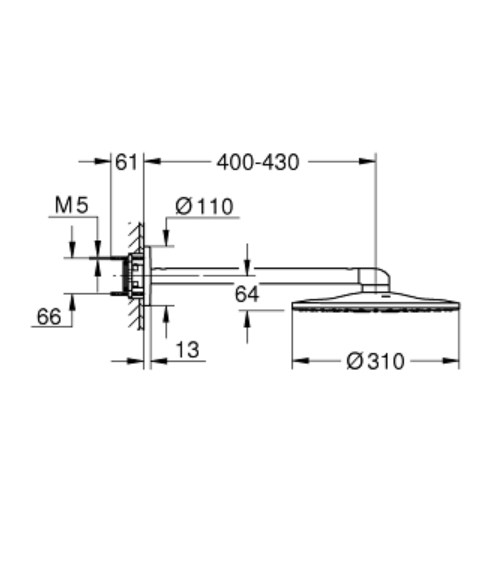 IŠPARDAVIMAS. Grohe Rainshower SmartActive 310 Stacionari dušo galva su sieniniu laikikliu (Brushed Hard Graphite spalva)