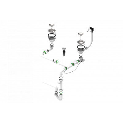 ALVEUS vietą taupantis sifonas su Pop-up dugno vožtuvu (dviejų dubenų plautuvei)