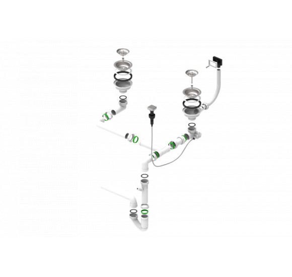 ALVEUS vietą taupantis sifonas su Pop-up dugno vožtuvu (dviejų dubenų plautuvei)