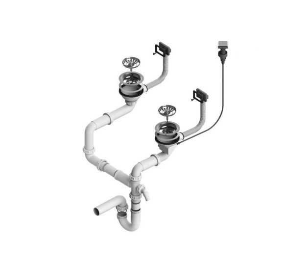 ALVEUS vietą taupantis sifonas su Pop-up dugno vožtuvu, skirtas dviejų dubenų plautuvei