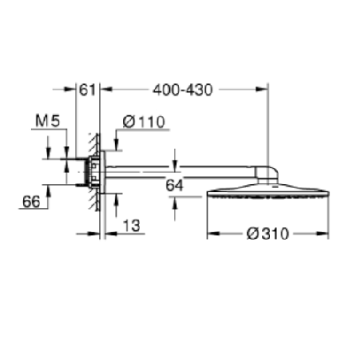 IŠPARDAVIMAS. Grohe Rainshower SmartActive 310 Stacionari dušo galva su sieniniu laikikliu (Supersteel spalva)