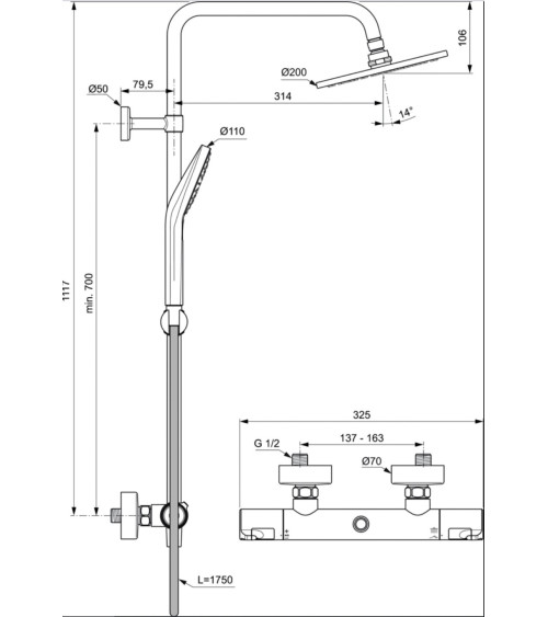 Ideal Standard CERATHERM T50 (A7225AA) termostatinė dušo sistema, chromo spalvos