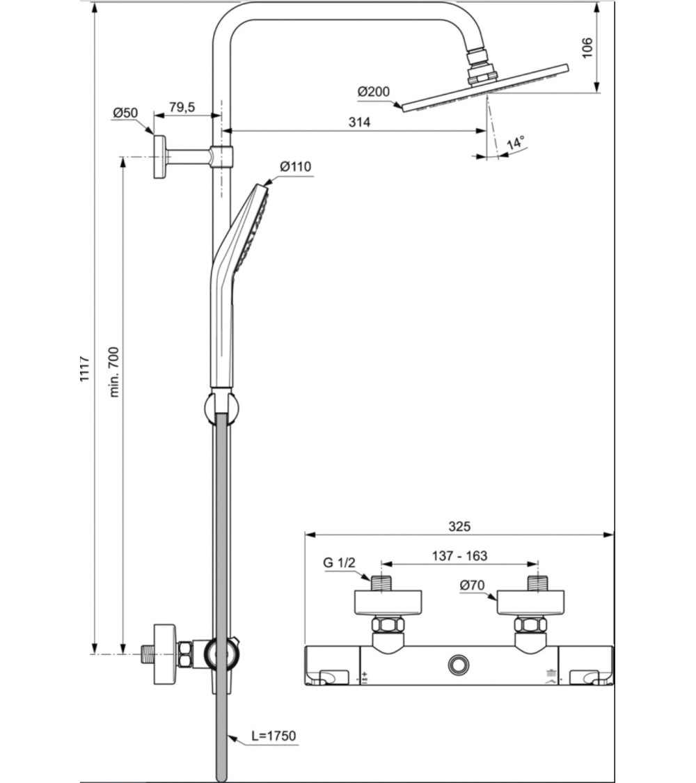 Ideal Standard CERATHERM T50 (A7225AA) termostatinė dušo sistema, chromo spalvos