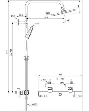 Ideal Standard CERATHERM T50 (A7225AA) termostatinė dušo sistema, chromo spalvos