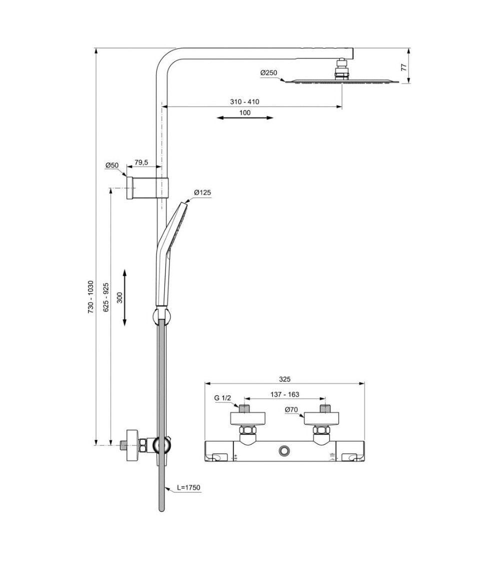 Ideal Standard CERATHERM T50 (A7704AA) termostatinė dušo sistema, chromo spalvos