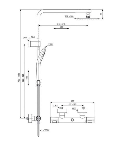 Ideal Standard CERATHERM T100 (A7705AA) termostatinė dušo sistema, chromo spalvos