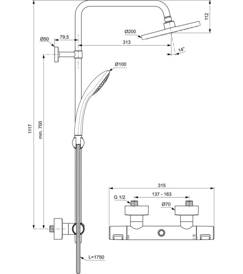 Ideal Standard CERATHERM T25 (A7545XG) termostatinė dušo sistema, juodos matinės spalvos