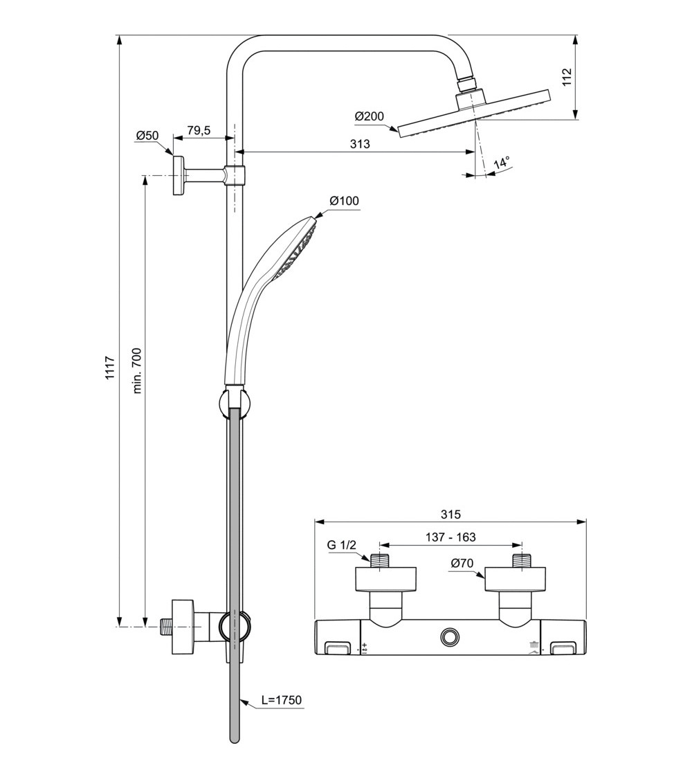 Ideal Standard CERATHERM T25 (A7545XG) termostatinė dušo sistema, juodos matinės spalvos