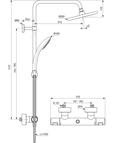 Ideal Standard CERATHERM T25 (A7545XG) termostatinė dušo sistema, juodos matinės spalvos