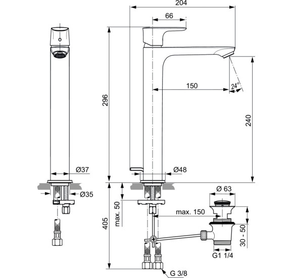 Ideal Standard Connect Air aukštas maišytuvas praustuvui su dugno vožtuvu (A7025), PVD spalvos