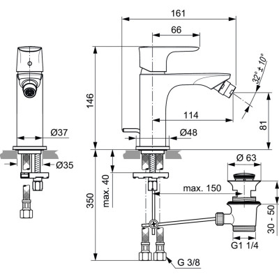 Ideal Standard Connect Air bide maišytuvas (A7030A5) su dugno vožtuvo komplektu, PVD spalvos