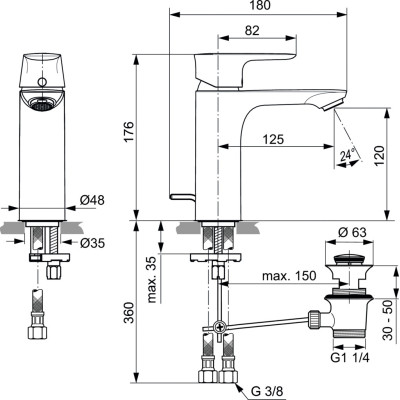 Ideal Standard Connect Air Grande praustuvo maišytuvas su dugno vožtuvu (A7053), PVD spalvos