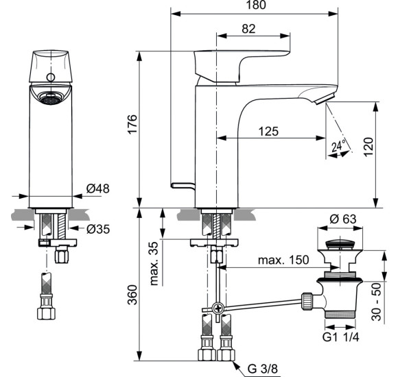 Ideal Standard Connect Air Grande praustuvo maišytuvas su dugno vožtuvu (A7053), PVD spalvos