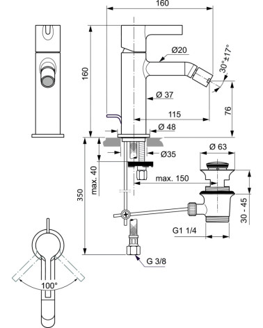 Ideal Standard Joy bide maišytuvas su dugno vožtuvu, PVD spalvos