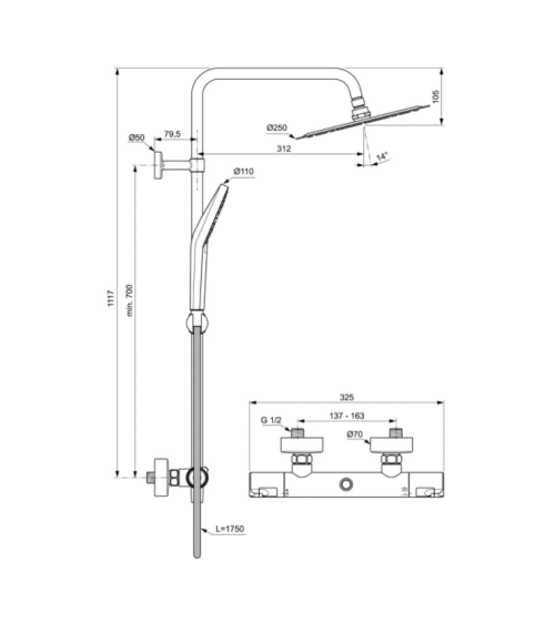 Ideal Standard CERATHERM T50 (A7565AA) termostatinė dušo sistema, chromo spalvos