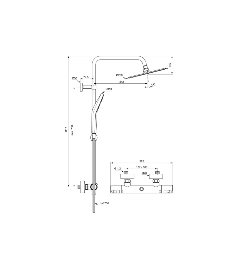 Ideal Standard CERATHERM T50 (A7565AA) termostatinė dušo sistema, chromo spalvos