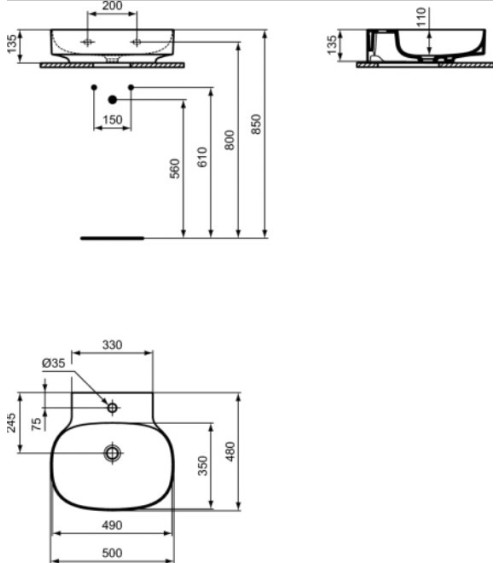 Ideal Standard Linda-X praustuvas 50 cm (500 x 480 x 135), šlifuota apačia, balta