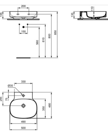 Ideal Standard Linda-X praustuvas 50 cm (500 x 480 x 135), šlifuota apačia, balta