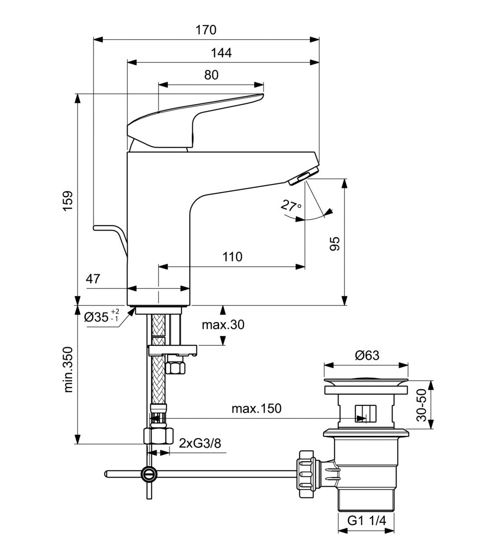 Ideal Standard CERAFLEX praustuvo maišytuvas, su dugno vožtuvu (5l/min), chromas, B1712AA