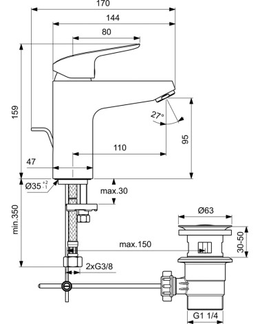 Ideal Standard CERAFLEX praustuvo maišytuvas, su dugno vožtuvu (5l/min), chromas, B1712AA
