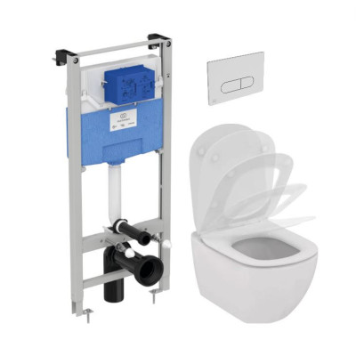 Ideal Standard Tesi "AquaBlade" pakabinamo klozeto komplektas 3in1 (Rėmas, mygtukas, klozetas)