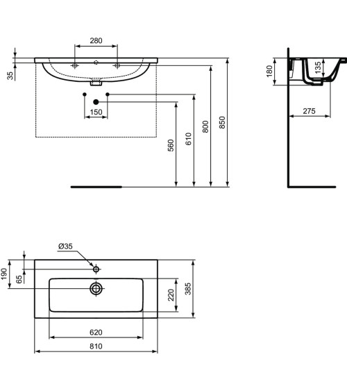 Ideal Standard i.life S praustuvas montuojamas ant spintelės 81 cm (810x 385x180 mm), baltas, T458901