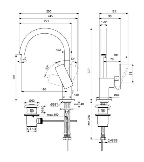 Ideal Standard Extra maišytuvas praustuvui su dugno vožtuvu, BD504, pasirenkama spalva