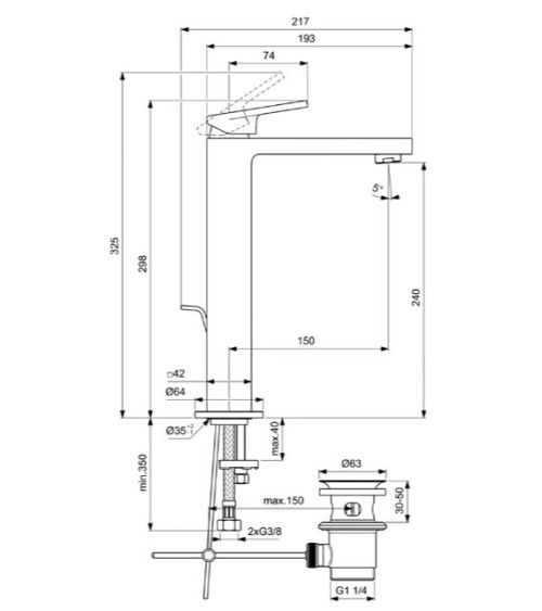Ideal Standard Extra Vessel maišytuvas praustuvui su dugno vožtuvu, BD506, pasirenkama spalva