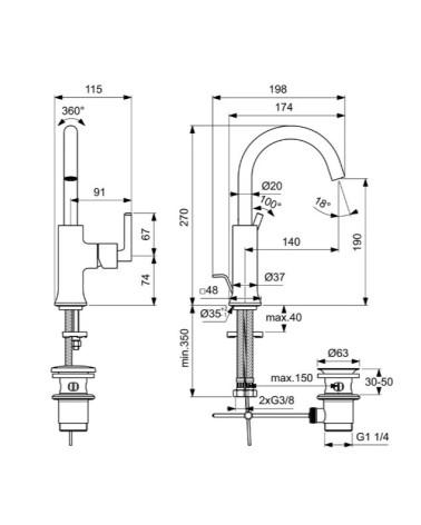 Ideal Standard Joy Neo Piccolo maišytuvas praustuvui su dugno vožtuvu, BD147, pasirenkama spalva