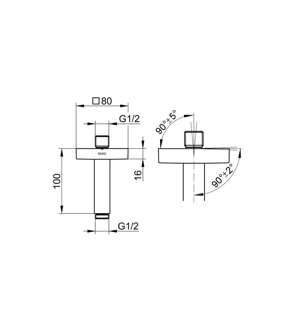 Keuco dušo galvos laikiklis iš lubų, 100mm ilgio, kvadratinė apdaila