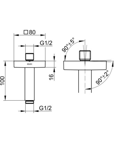 Keuco dušo galvos laikiklis iš lubų, 100mm ilgio, kvadratinė apdaila