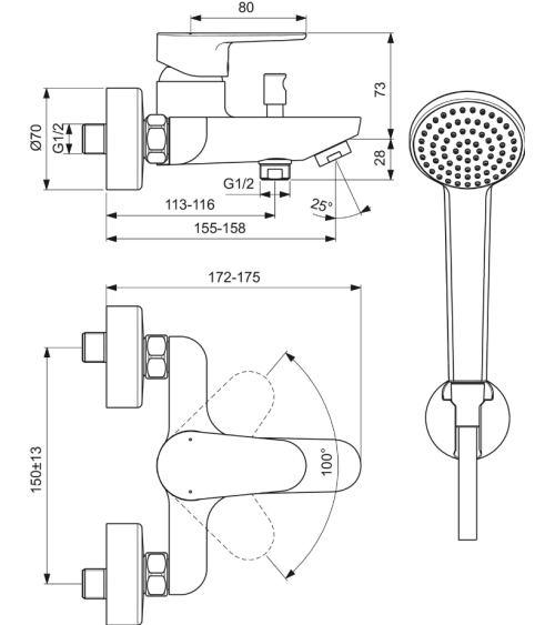 Ideal Standard BC706AA vonios maišytuvas su dušelio komplektu, chromo sp.