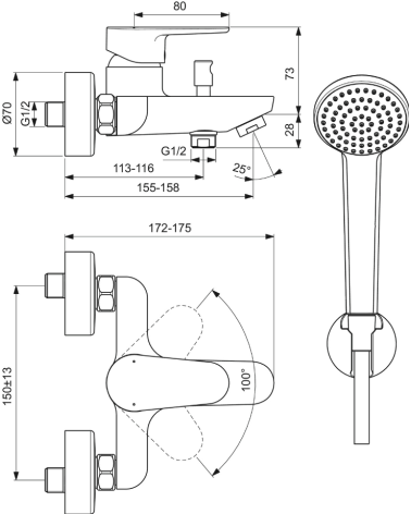 Ideal Standard BC706AA vonios maišytuvas su dušelio komplektu, chromo sp.
