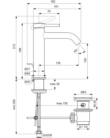 Ideal Standard CERALINE Nuovo H120 maišytuvas praustuvui su metaliniu dugno vožtuvu