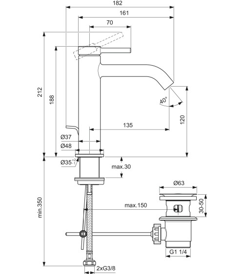 Ideal Standard CERALINE Nuovo H120 maišytuvas praustuvui su metaliniu dugno vožtuvu