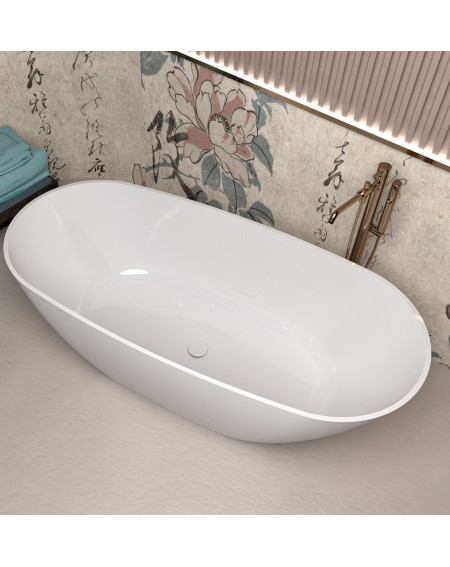 Lieto akmens vonia Inbalia Tulum, 165x75cm, sifonas su baltu vonios spalvos dangteliu