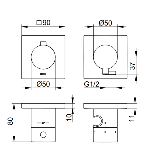 Keuco Edition 11 potinkinis termostatinis dušo maišytuvas, 3 krypčių, su dušo žarnos išvestimi ir laikikliu, pasirinkite spalvą