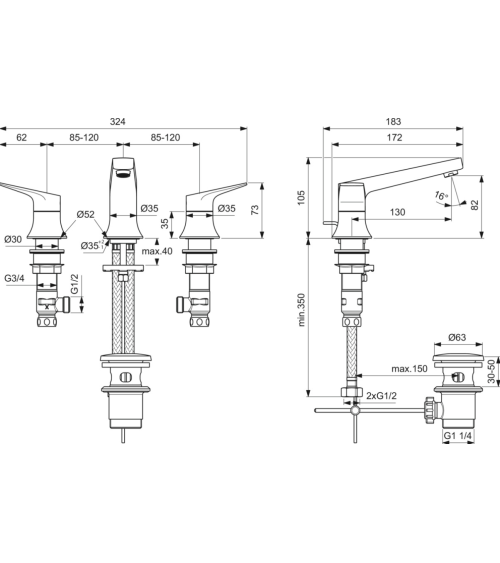 Ideal Standard La Dolce Vita 3-jų dalių praustuvo maišytuvas su dugno vožtuvu BD661A2, pasirinkite spalvą