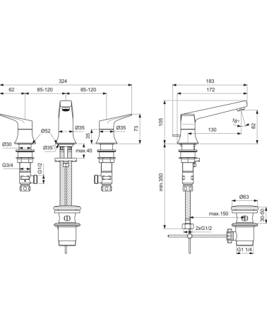 Ideal Standard La Dolce Vita 3-jų dalių praustuvo maišytuvas su dugno vožtuvu BD661A2, pasirinkite spalvą