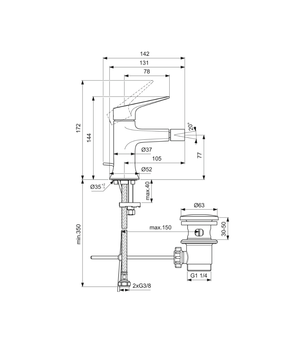 Ideal Standard La Dolce Vita bide maišytuvas su dugno vožtuvu BD664AA, pasirinkite spalvą