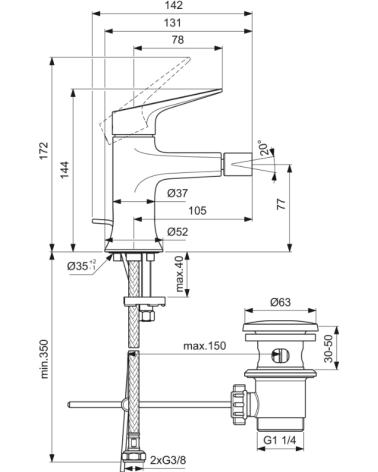 Ideal Standard La Dolce Vita bide maišytuvas su dugno vožtuvu BD664AA, pasirinkite spalvą