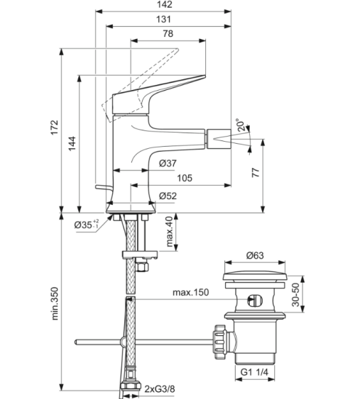 Ideal Standard La Dolce Vita bide maišytuvas su dugno vožtuvu BD664AA, pasirinkite spalvą