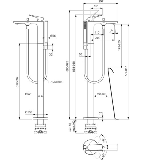 Ideal Standard La Dolce Vita Grindinis vonios maišytuvas su rankiniu dušeliu BD673AA, pasirinkite spalvą