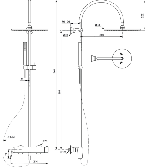Ideal Standard La Dolce Vita Virštinkinė dušo sistema, 300mm dušo galva, pasirinkite spalvą