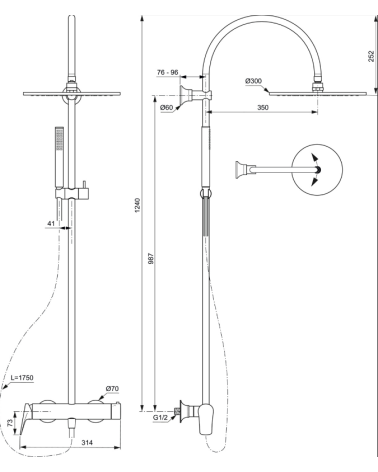 Ideal Standard La Dolce Vita Virštinkinė dušo sistema, 300mm dušo galva, pasirinkite spalvą