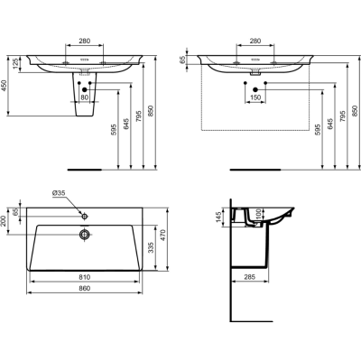 Ideal Standard La Dolce Vita  praustuvas 860x470x145, baltos spalvos, su anga maišytuvui ir perlaja