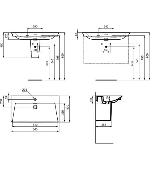 Ideal Standard La Dolce Vita  praustuvas 860x470x145, baltos spalvos, su anga maišytuvui ir perlaja