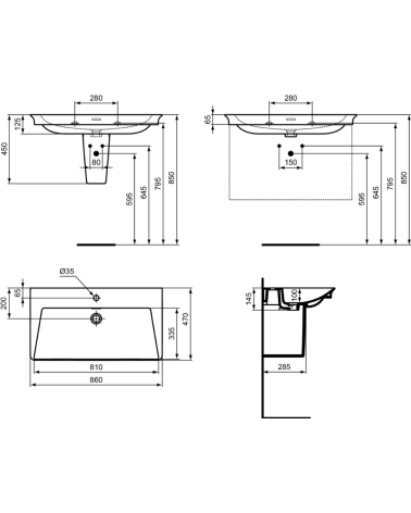 Ideal Standard La Dolce Vita  praustuvas 860x470x145, baltos spalvos, su anga maišytuvui ir perlaja