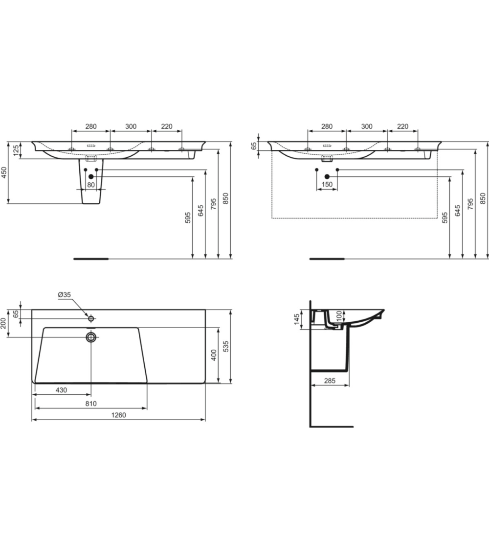 Ideal Standard La Dolce Vita  praustuvas 1260x535x145, baltos spalvos, su anga maišytuvui ir perlaja