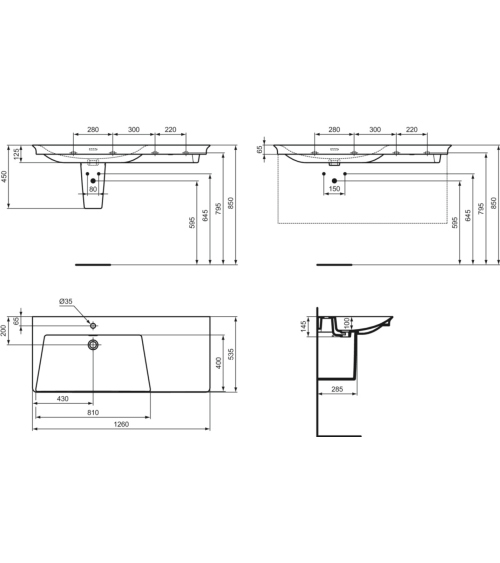 Ideal Standard La Dolce Vita  praustuvas 1260x535x145, baltos spalvos, su anga maišytuvui ir perlaja